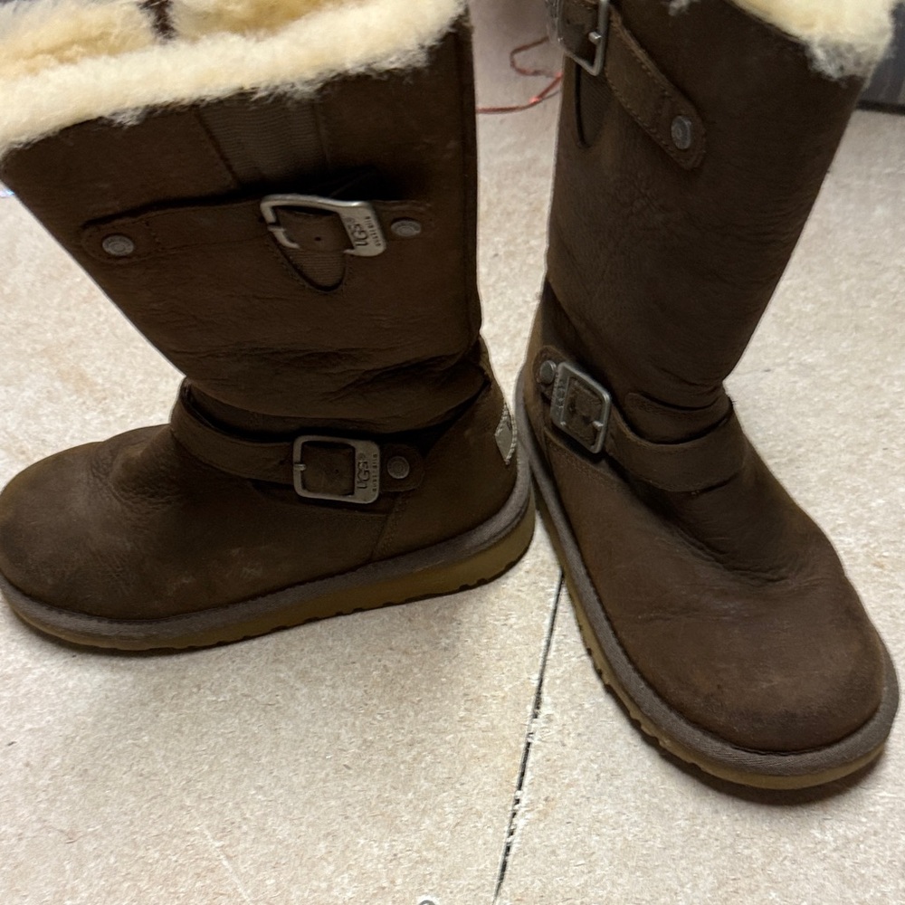 UGG Brown Shearling-Trim Buckled Mid-Calf Boots